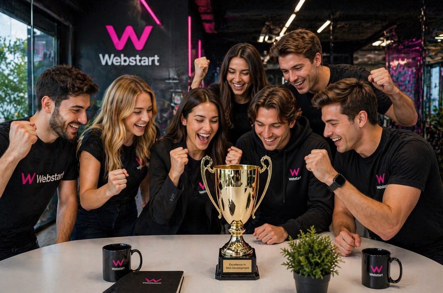 Six coworkers in black Webstart shirts celebrate around a gold trophy on a round table in a bright office.