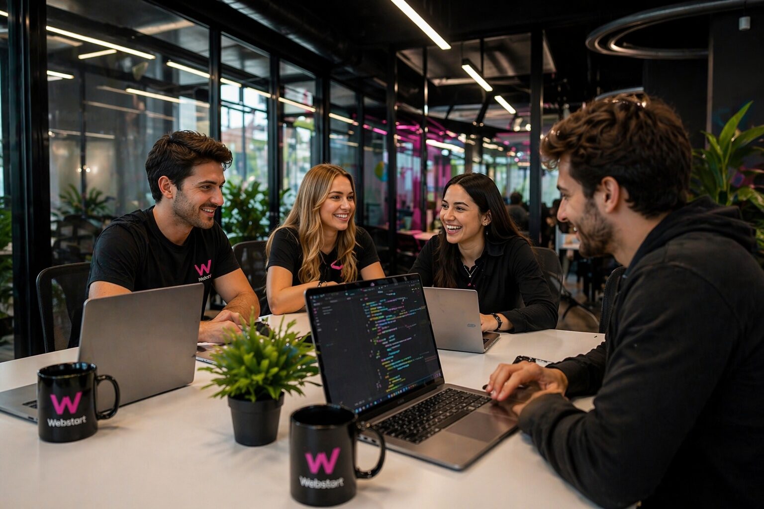 Four coworkers around a white table in a modern office, laptops open, smiling and talking together on a collaborative meeting.25 characters