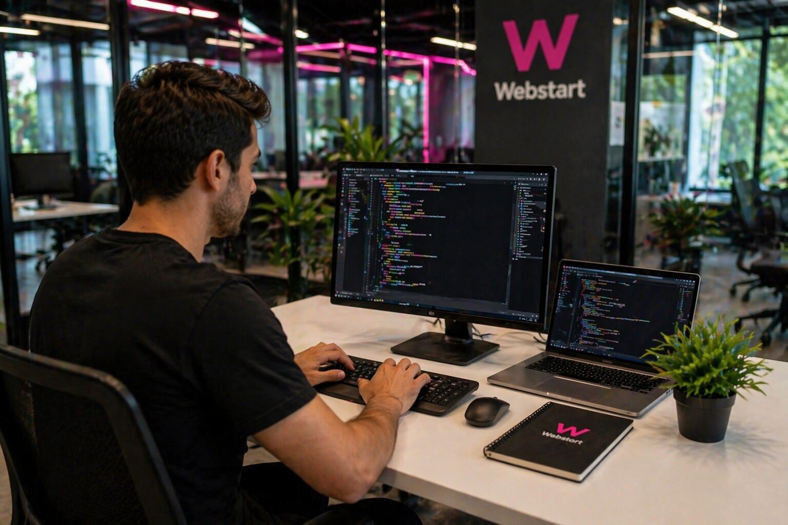 Developer coding on a large monitor and laptop at a bright open office with a Webstart sign in the background.