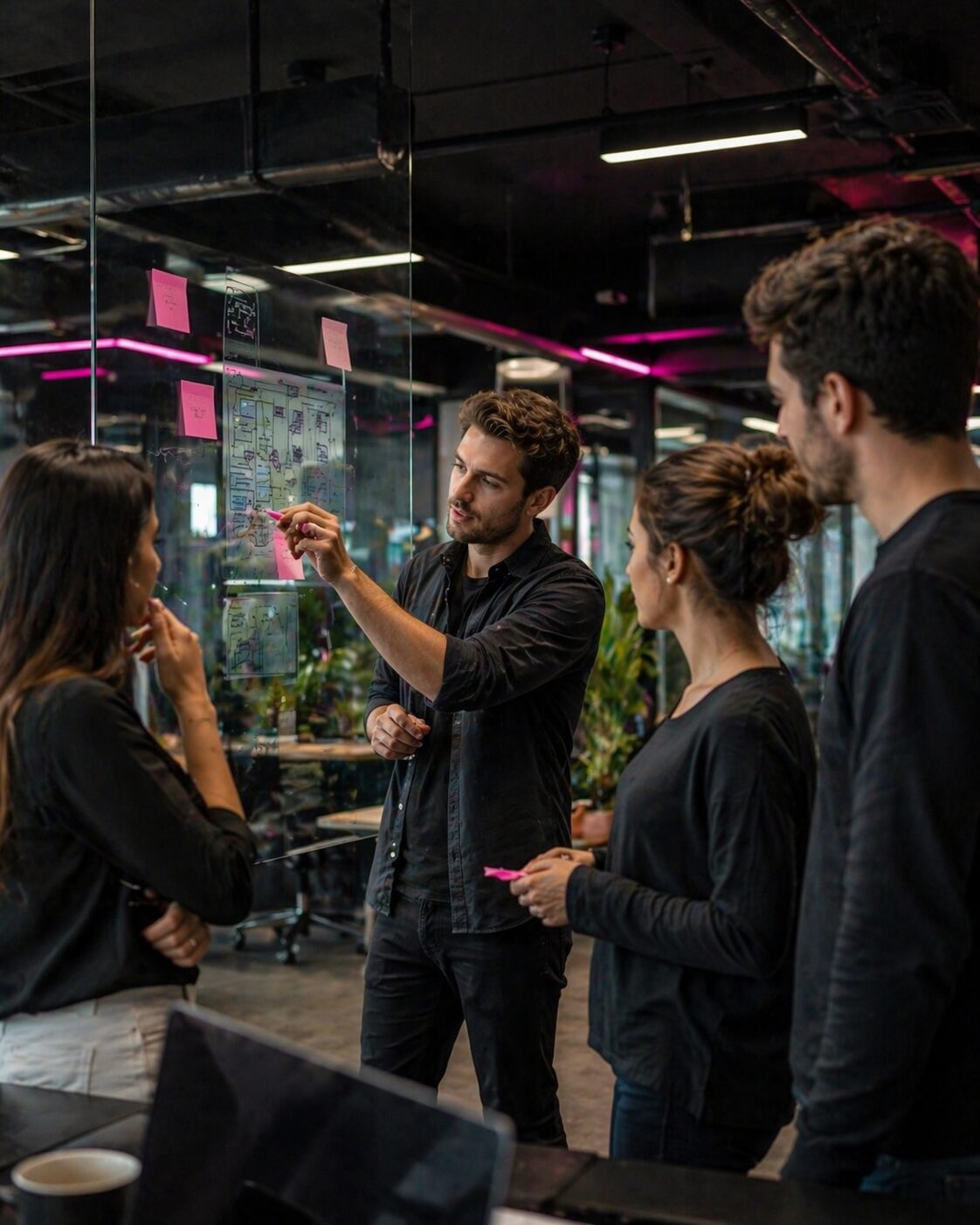Team of four adults collaborating around a glass wall with sticky notes and a diagram in a modern office.