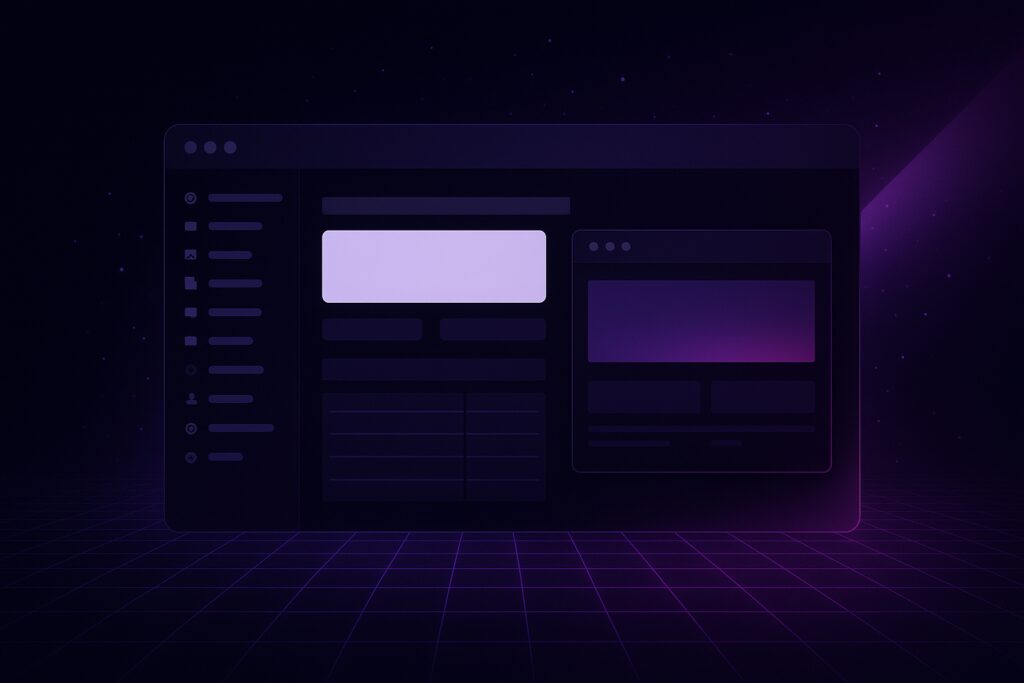Dark purple UI mockup showing a left navigation rail, central content card, and right panel on a neon grid background.