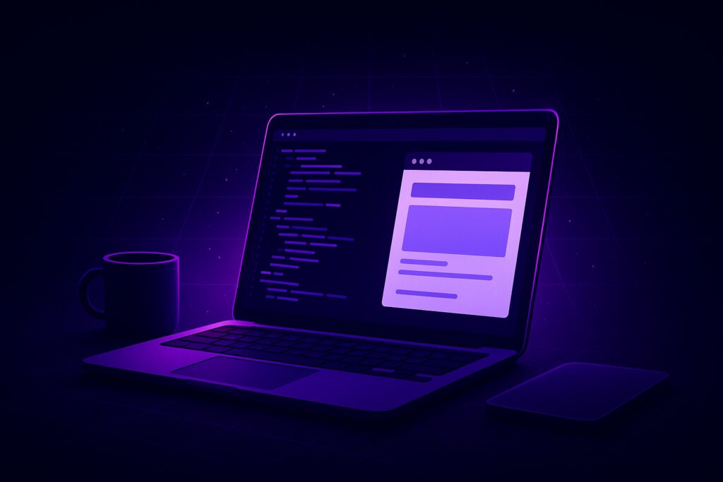Laptop shows code on the left and a UI mockup on the screen in a neon purple setup, with a mug nearby.