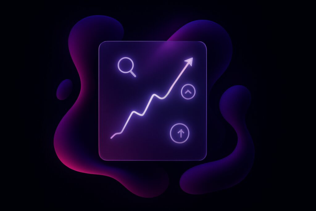 Neon purple upward-trending line graph on a rounded square panel against a dark background.
