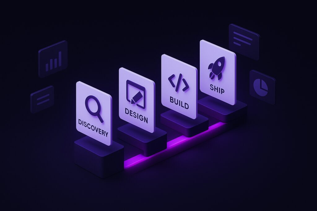 Isometric sequence of four cards—Discovery, Design, Build, Ship—on a purple glowing platform representing product development.