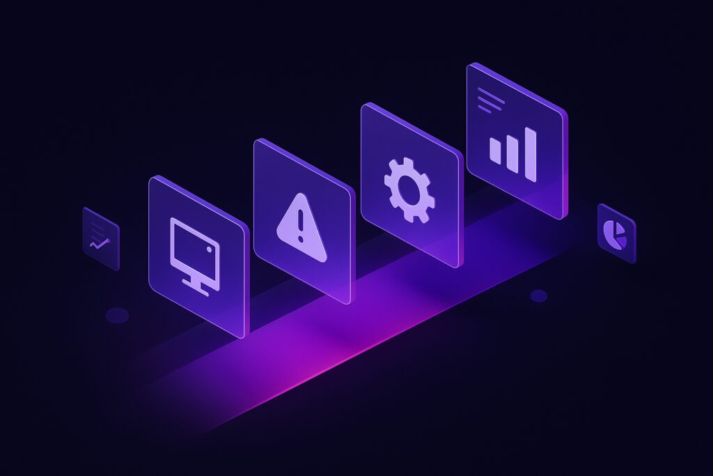 Abstract isometric illustration of purple UI panels representing monitoring, warnings, settings, and analytics on a dark background.