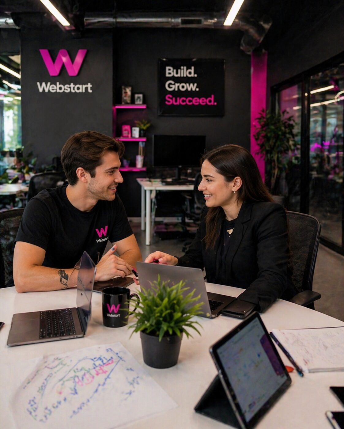 Two coworkers discuss at a round white table in a modern Webstart office, with laptops, tablets, and a small plant in the foreground. Behind them is a wall with the Webstart logo and a 'Build. Grow. Succeed.' sign.