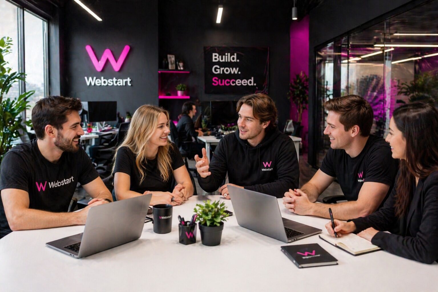 Five coworkers sit around a white table in a modern office, chatting with laptops open and pink Webstart branding on shirts and wall sign behind them.