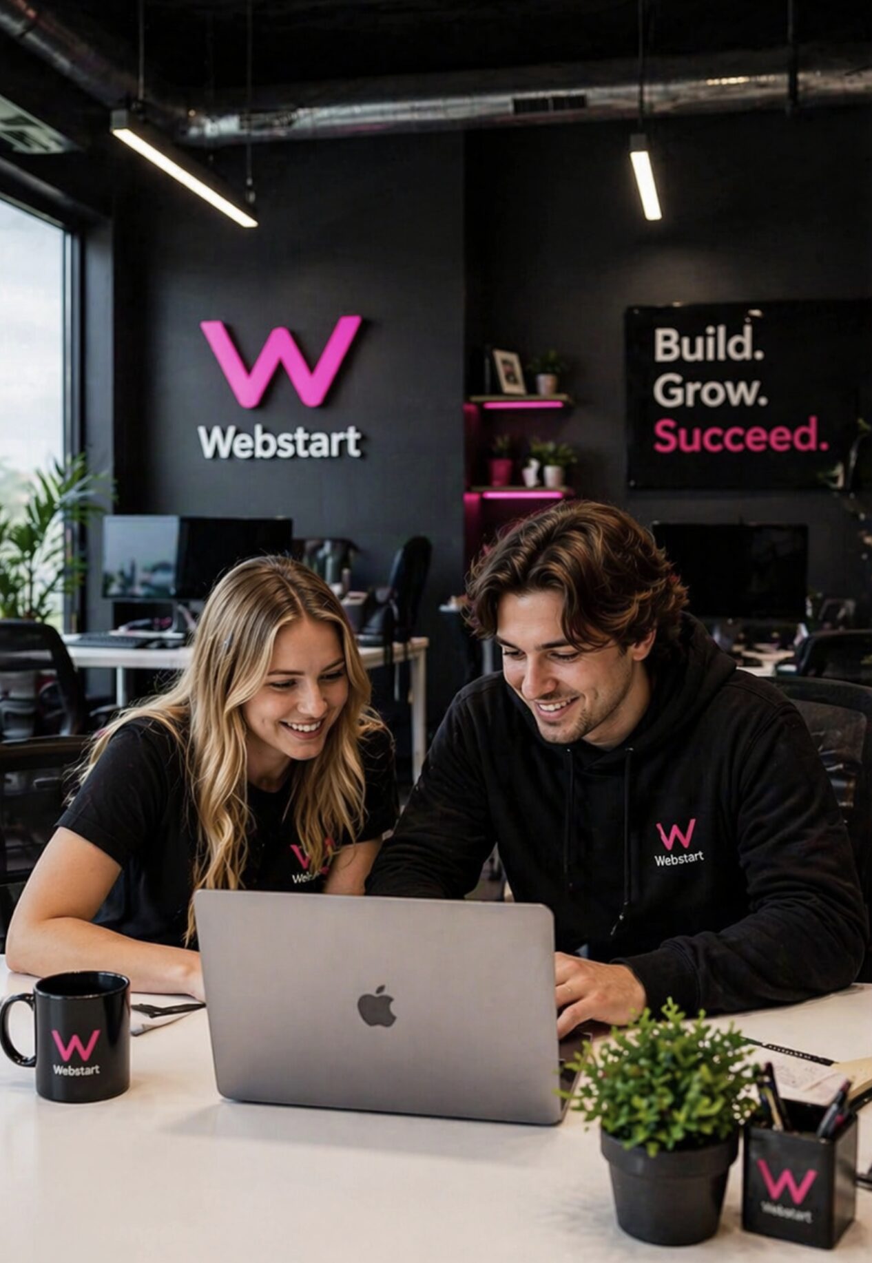 Two coworkers smiling and looking at a laptop at a Webstart-branded office desk, with mugs and shirts displaying the pink W logo.
